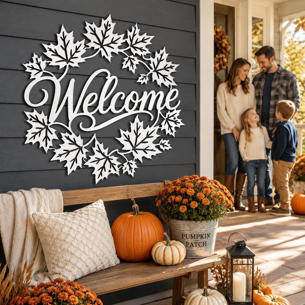 Autumn Leaf Welcome Metal Sign, Rustic Autumn Door Hanger, Harvest Porch Wall Decor, Farmhouse Entryway Accent, Seasonal Housewarming Gift