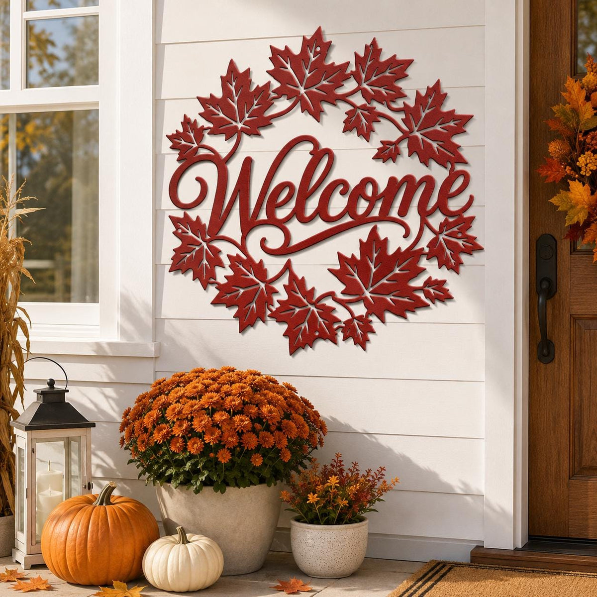 Autumn Leaf Welcome Metal Sign, Rustic Autumn Door Hanger, Harvest Porch Wall Decor, Farmhouse Entryway Accent, Seasonal Housewarming Gift