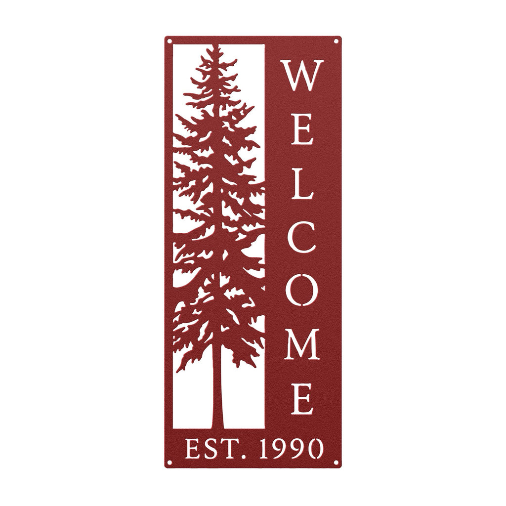 Pine Tree Welcome Sign, Vertical Metal Wall Art, Rustic Cabin Porch Plaque, Woodland Entryway Decor, Forest Lodge Housewarming Gift