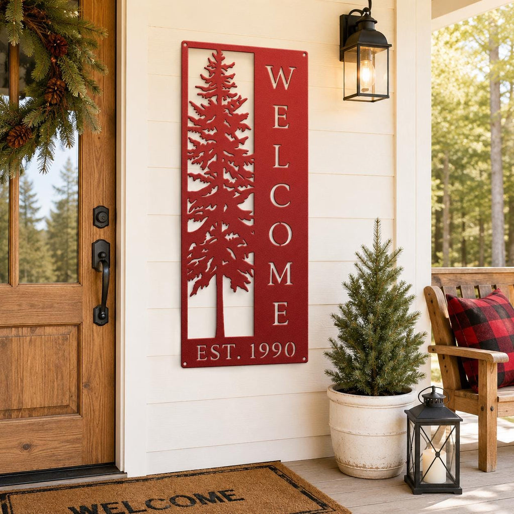 Pine Tree Welcome Sign, Vertical Metal Wall Art, Rustic Cabin Porch Plaque, Woodland Entryway Decor, Forest Lodge Housewarming Gift