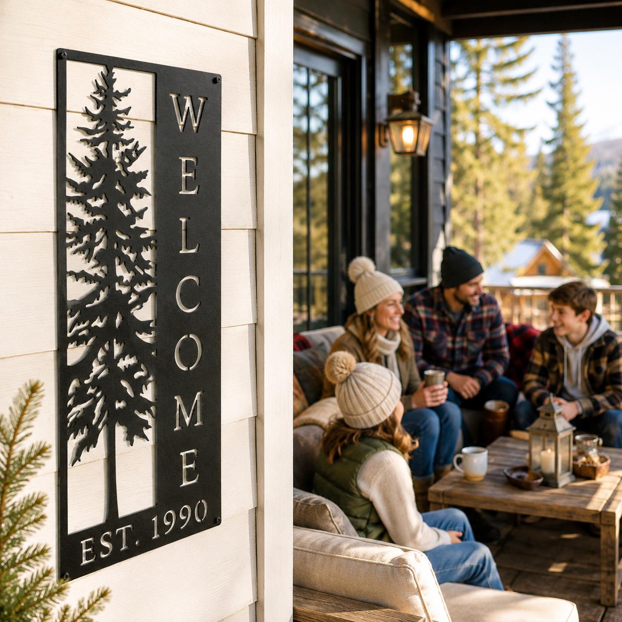 Pine Tree Welcome Sign, Vertical Metal Wall Art, Rustic Cabin Porch Plaque, Woodland Entryway Decor, Forest Lodge Housewarming Gift