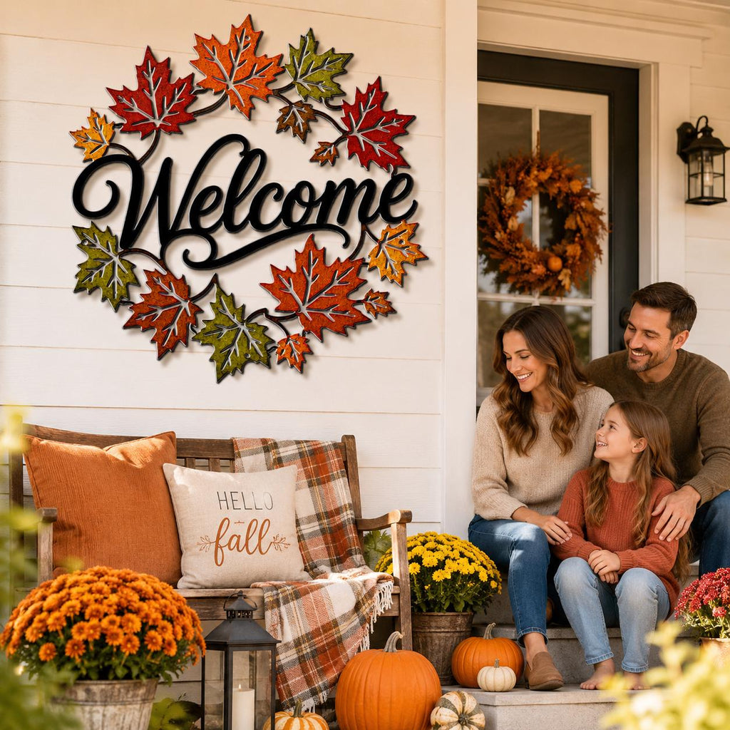Fall Welcome Metal Sign, Autumn Maple Leaf Wall Decor, Seasonal Front Porch Accent, Rustic Entryway Art, Warm Harvest Housewarming Gift
