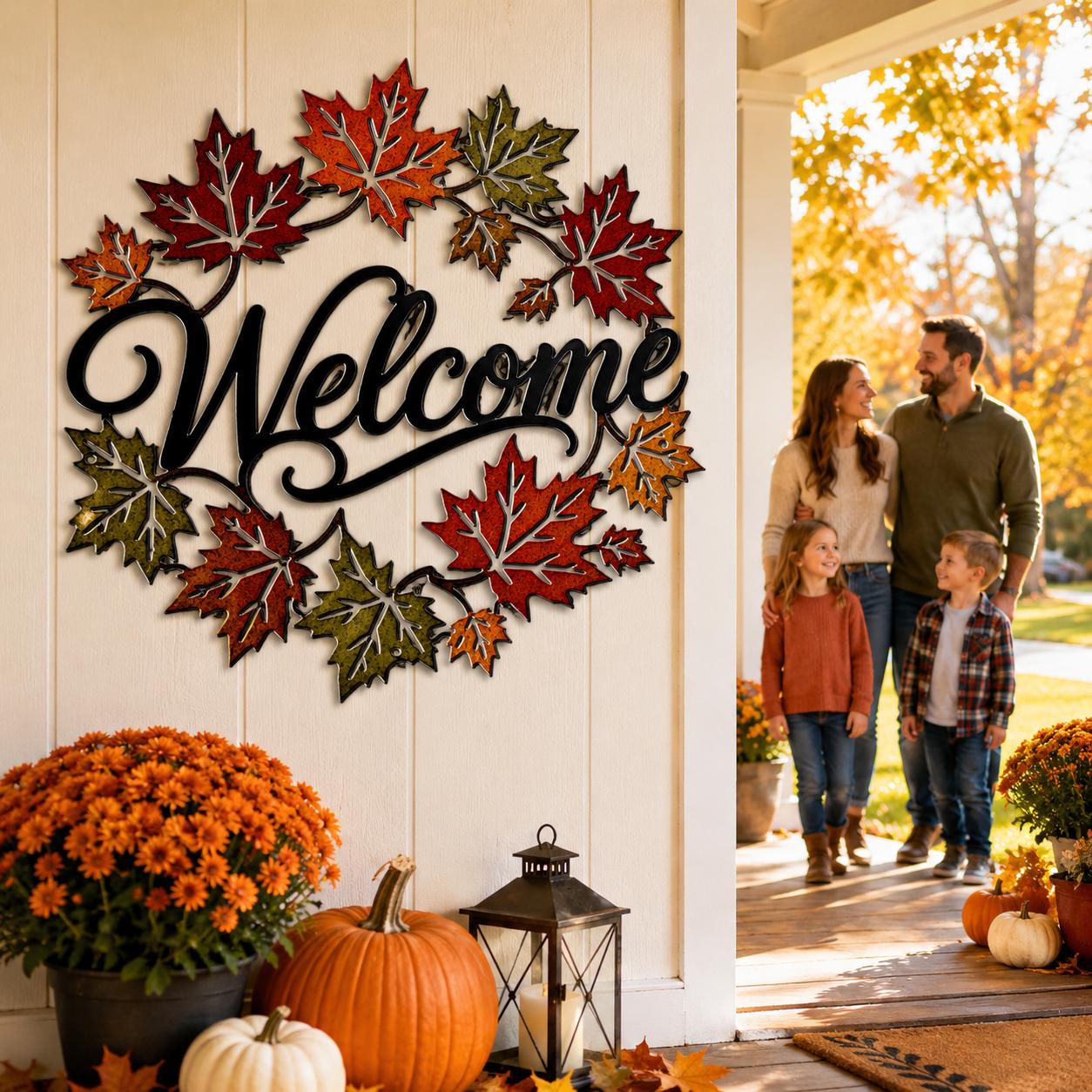 Fall Welcome Metal Sign, Autumn Maple Leaf Wall Decor, Seasonal Front Porch Accent, Rustic Entryway Art, Warm Harvest Housewarming Gift