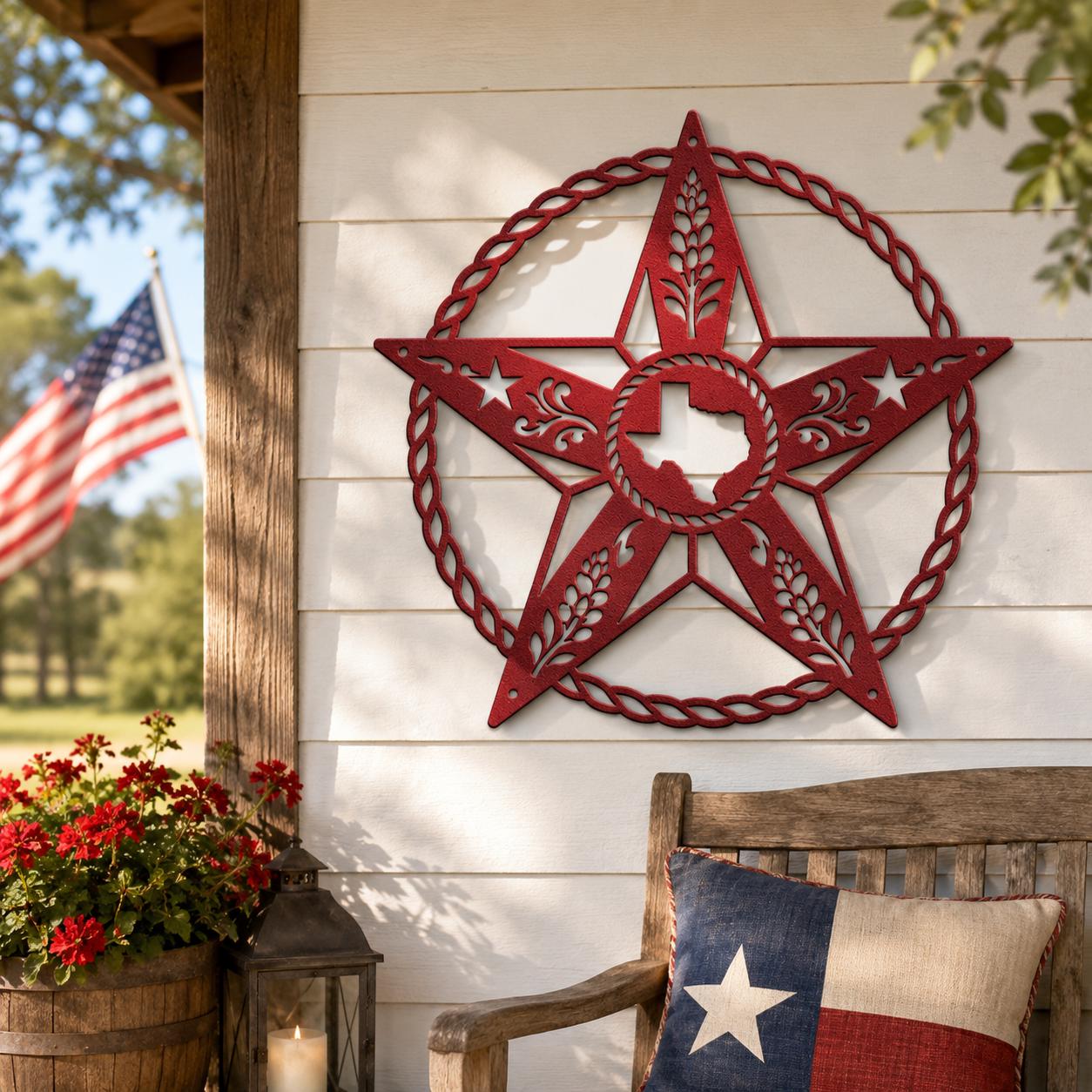 Texas Star Metal Sign, Western Barn Star, Rustic Farmhouse Wall Decor, State Pride Wall Hanging, Ranch Porch Accent, Wheat Rope