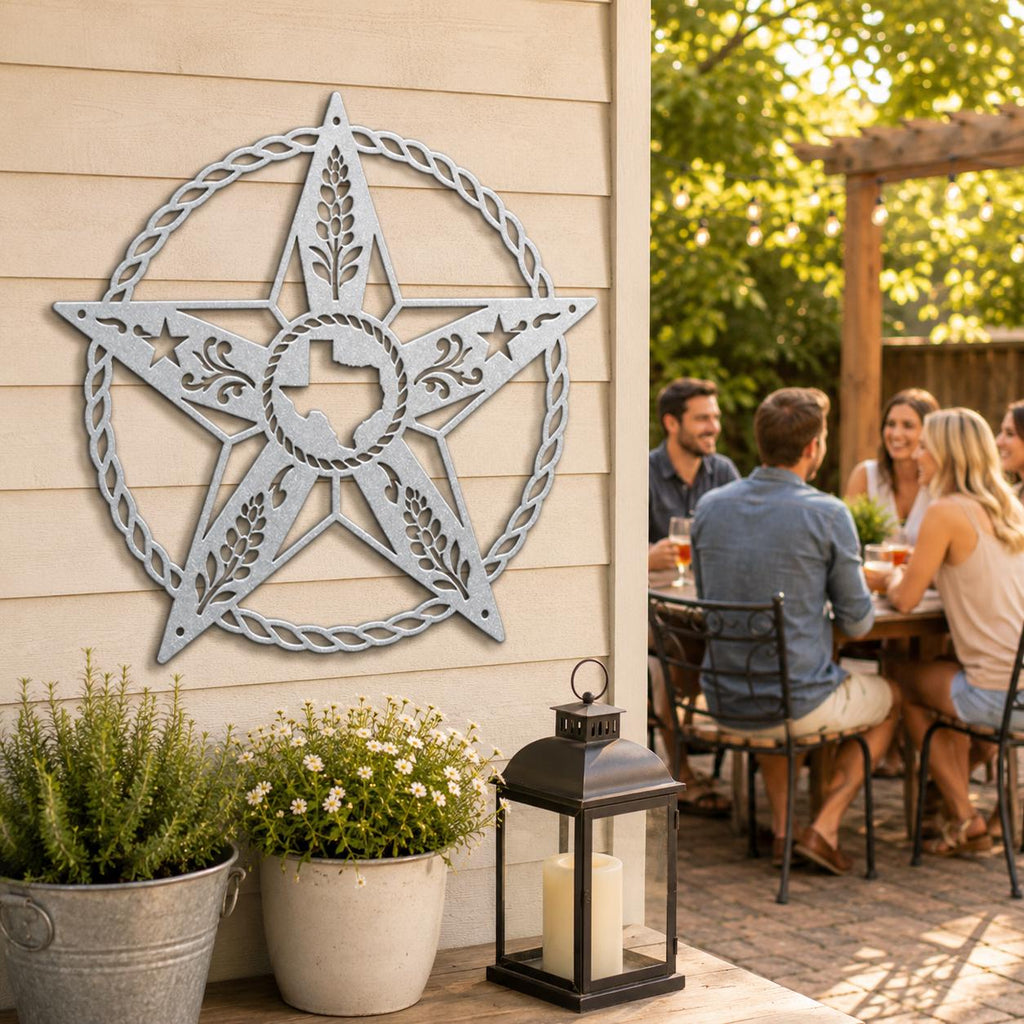Texas Star Metal Sign, Western Barn Star, Rustic Farmhouse Wall Decor, State Pride Wall Hanging, Ranch Porch Accent, Wheat Rope