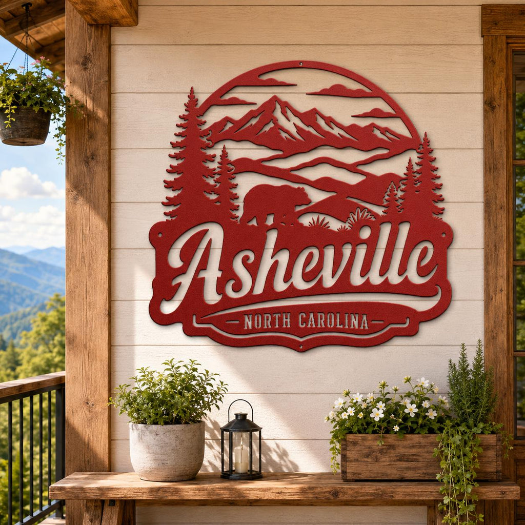 Asheville North Carolina Metal Sign, Blue Ridge Mountain Wall Decor, Black Bear Cabin Art, Rustic Appalachian Wildlife Housewarming Gift