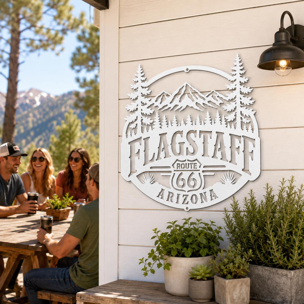 Flagstaff Arizona Metal Sign, Historic Route 66 Wall Decor, San Francisco Peaks Art, Rustic Mountain Cabin Gift, Ponderosa Pine Home Accent