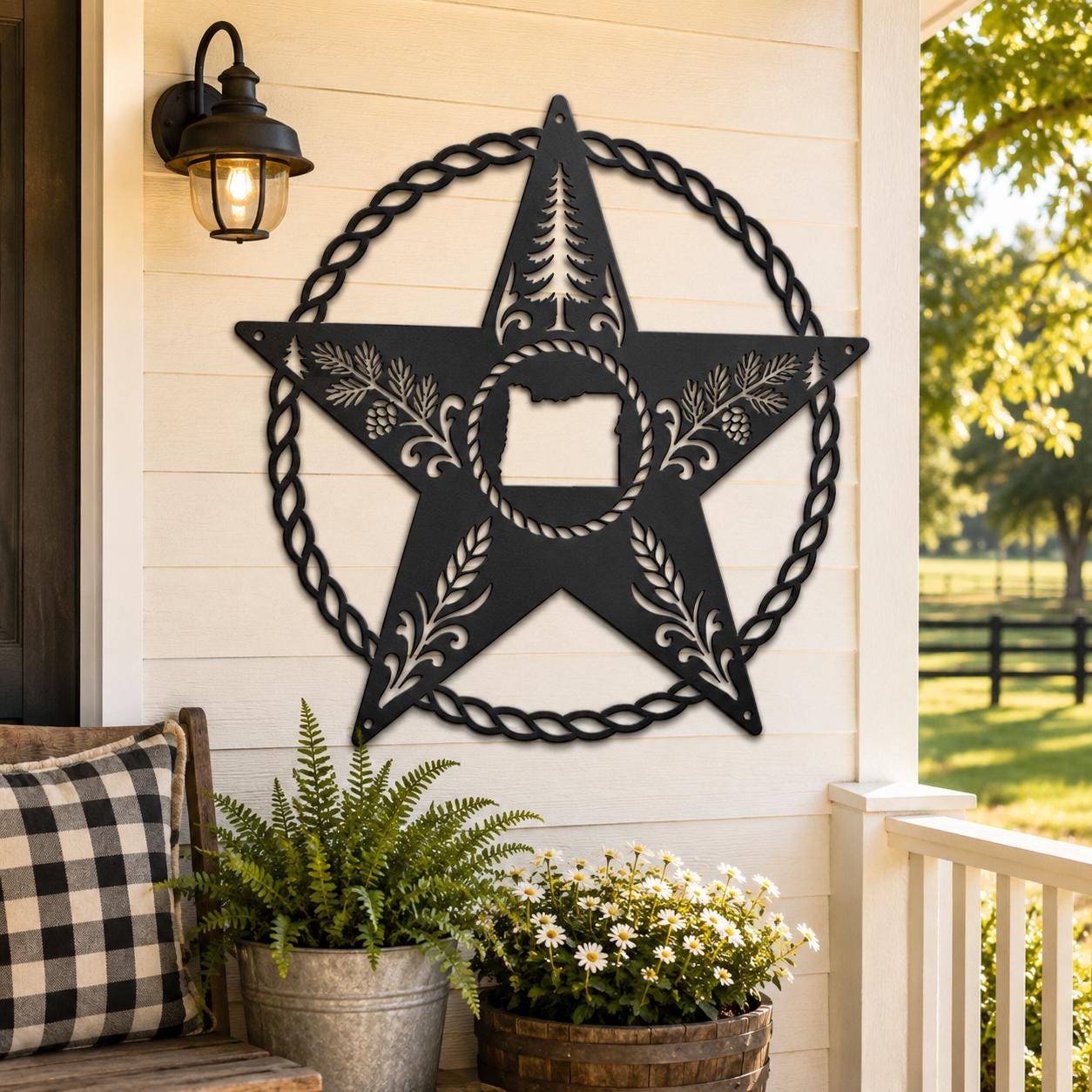 Oregon Star Metal Sign, Pine Tree Wall Art, Rustic Pacific Northwest State Outline Art, Woodland Cabin Housewarming Gift, Lodge Rope Star