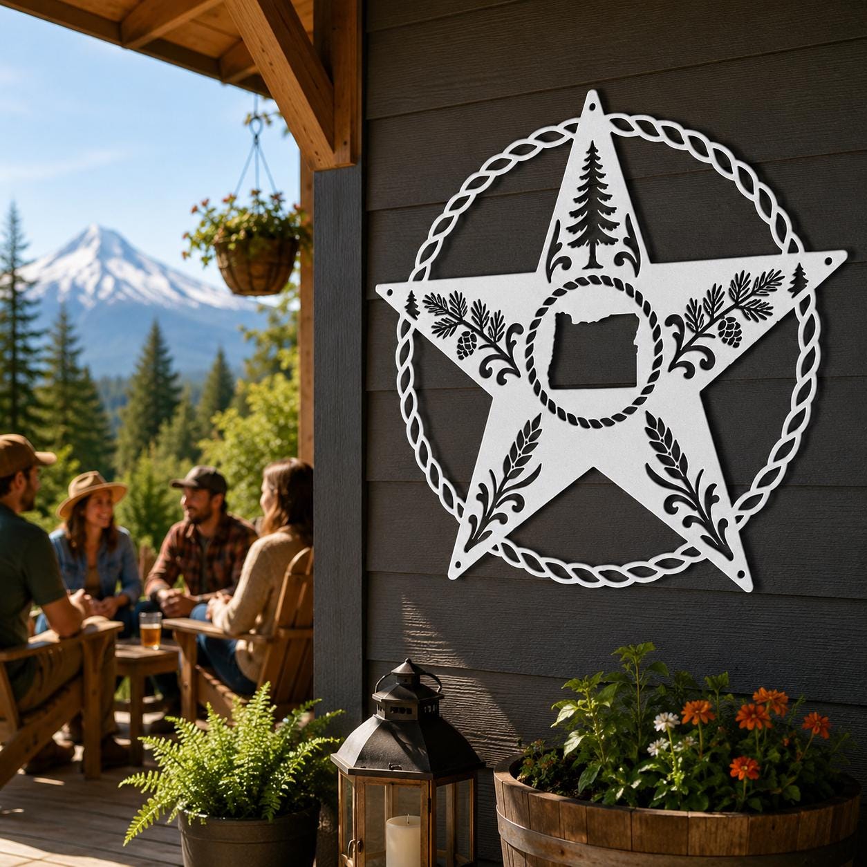 Oregon Star Metal Sign, Pine Tree Wall Art, Rustic Pacific Northwest State Outline Art, Woodland Cabin Housewarming Gift, Lodge Rope Star