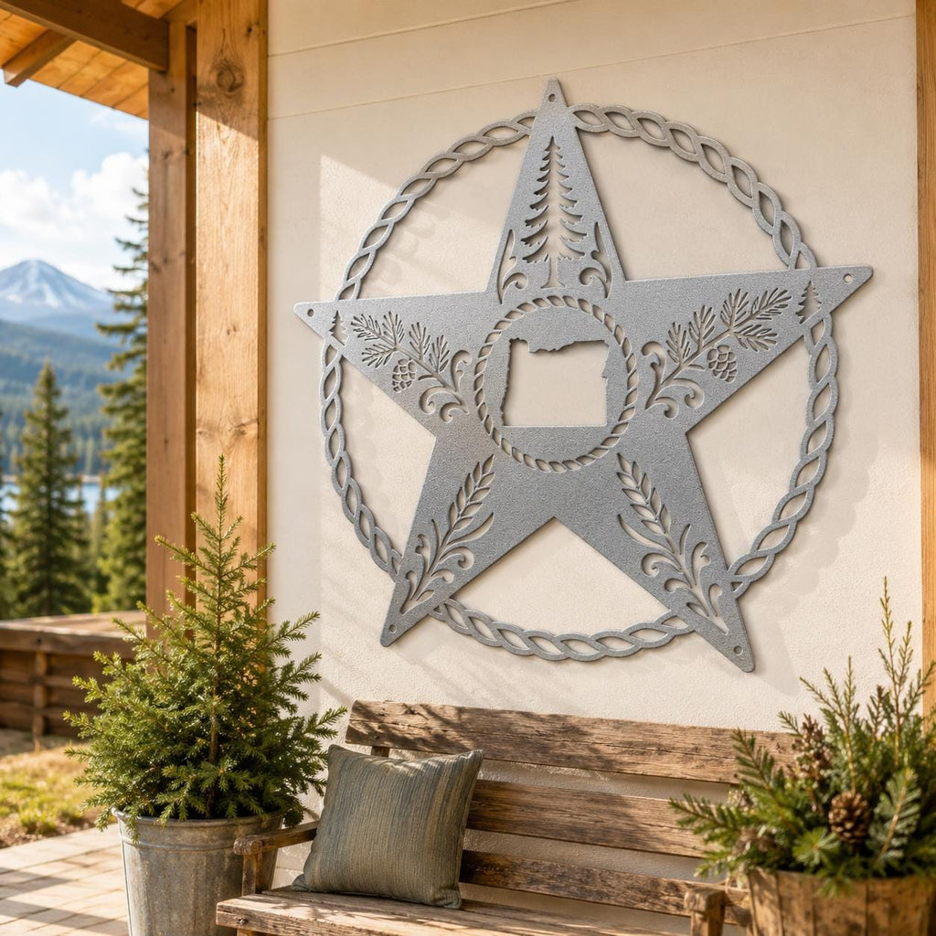 Oregon Star Metal Sign, Pine Tree Wall Art, Rustic Pacific Northwest State Outline Art, Woodland Cabin Housewarming Gift, Lodge Rope Star
