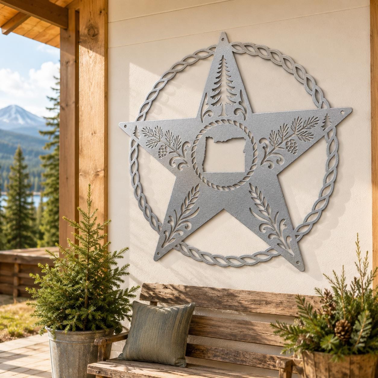 Oregon Star Metal Sign, Pine Tree Wall Art, Rustic Pacific Northwest State Outline Art, Woodland Cabin Housewarming Gift, Lodge Rope Star