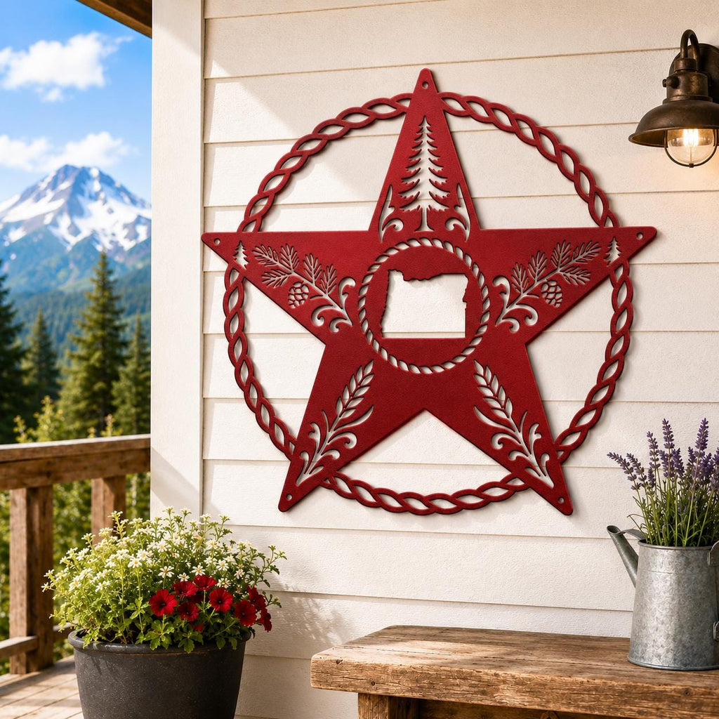 Oregon Star Metal Sign, Pine Tree Wall Art, Rustic Pacific Northwest State Outline Art, Woodland Cabin Housewarming Gift, Lodge Rope Star