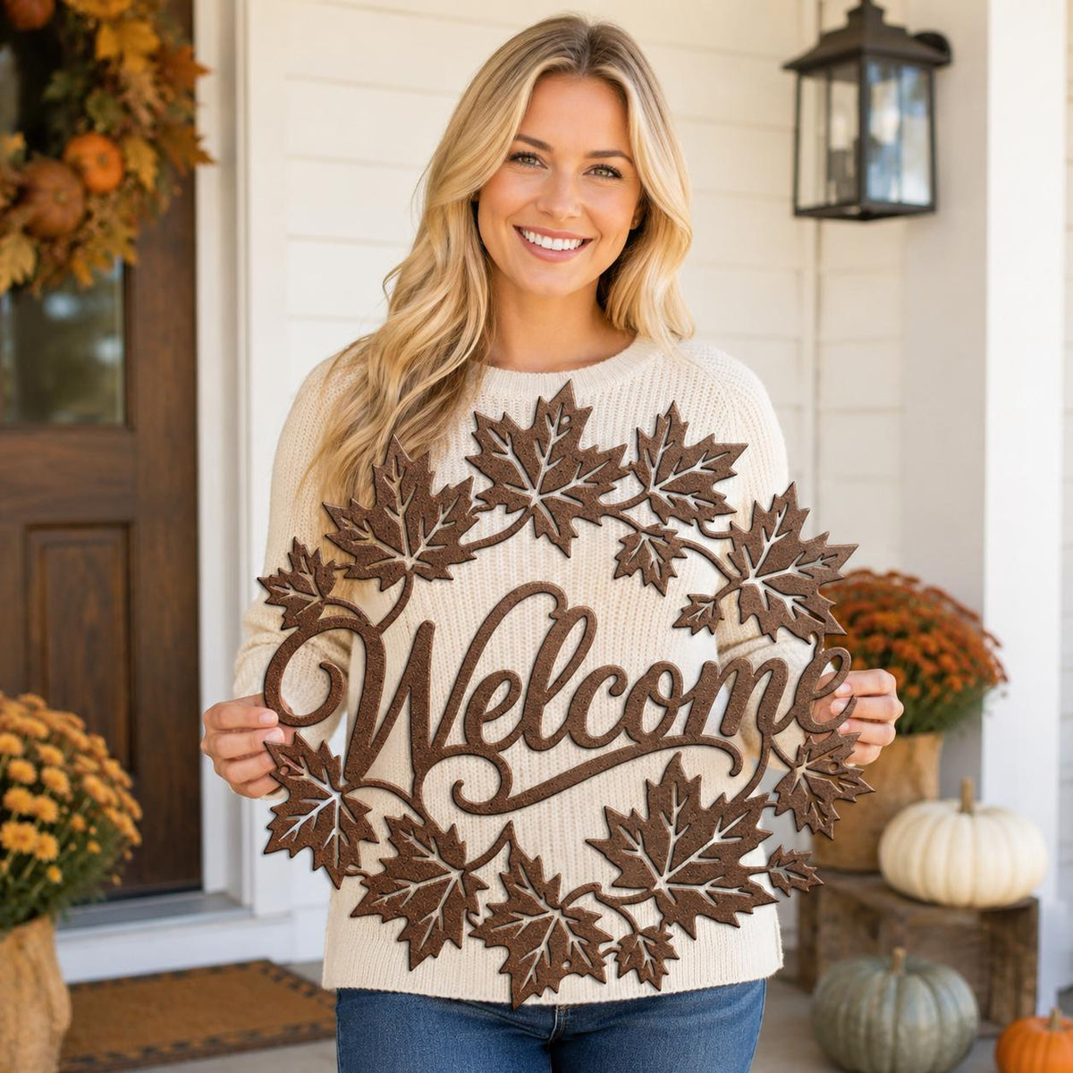 Autumn Leaf Welcome Metal Sign, Rustic Autumn Door Hanger, Harvest Porch Wall Decor, Farmhouse Entryway Accent, Seasonal Housewarming Gift