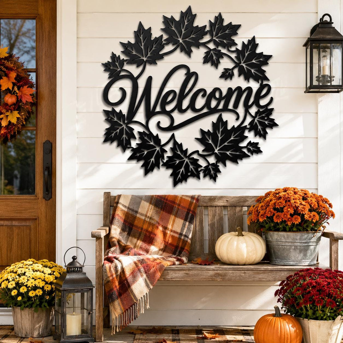 Autumn Leaf Welcome Metal Sign, Rustic Autumn Door Hanger, Harvest Porch Wall Decor, Farmhouse Entryway Accent, Seasonal Housewarming Gift