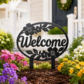 Floral Welcome Garden Stake, Metal Yard Sign, Outdoor Flower Bed Decor, Farmhouse Porch Accent, Entryway Lawn Ornament, Housewarming Gift
