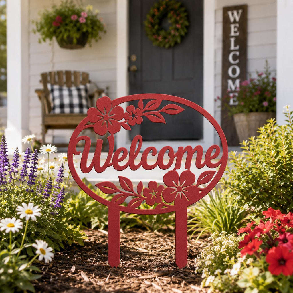 Floral Welcome Garden Stake, Metal Yard Sign, Outdoor Flower Bed Decor, Farmhouse Porch Accent, Entryway Lawn Ornament, Housewarming Gift