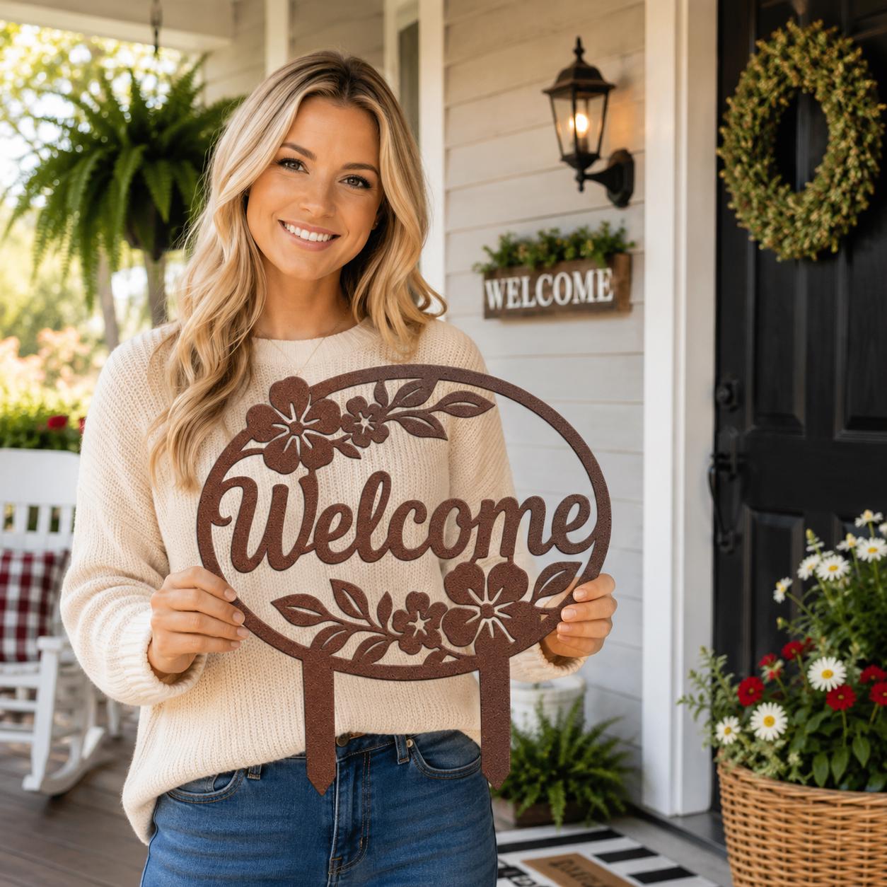 Floral Welcome Garden Stake, Metal Yard Sign, Outdoor Flower Bed Decor, Farmhouse Porch Accent, Entryway Lawn Ornament, Housewarming Gift