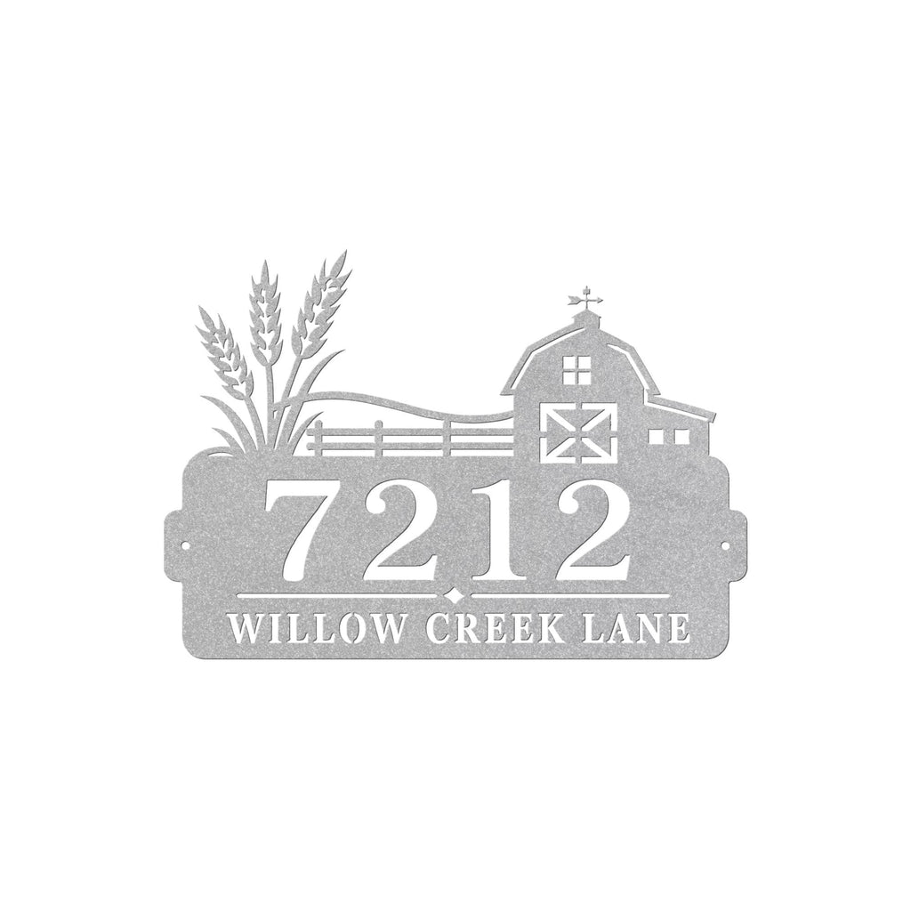 Personalized Farmhouse Address Sign, Rustic Barn House Number Plaque, Custom Wheat Street Name Display, Outdoor Steel Country Entry Decor