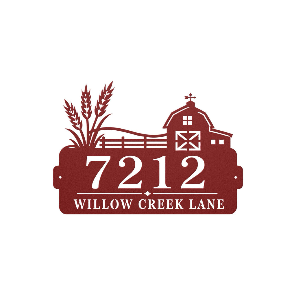 Personalized Farmhouse Address Sign, Rustic Barn House Number Plaque, Custom Wheat Street Name Display, Outdoor Steel Country Entry Decor