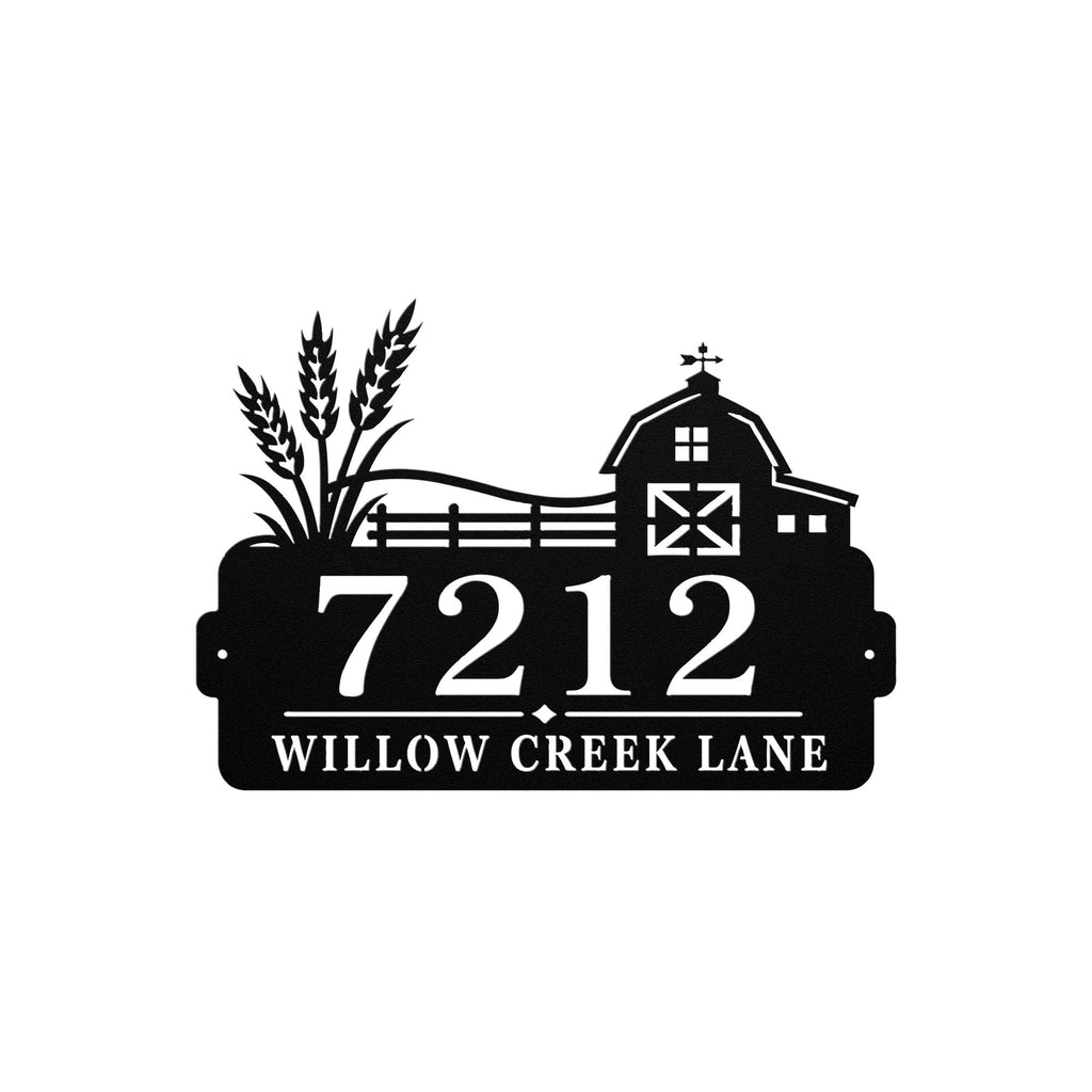 Personalized Farmhouse Address Sign, Rustic Barn House Number Plaque, Custom Wheat Street Name Display, Outdoor Steel Country Entry Decor