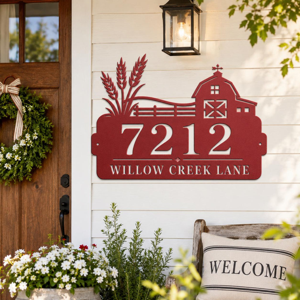 Personalized Farmhouse Address Sign, Rustic Barn House Number Plaque, Custom Wheat Street Name Display, Outdoor Steel Country Entry Decor