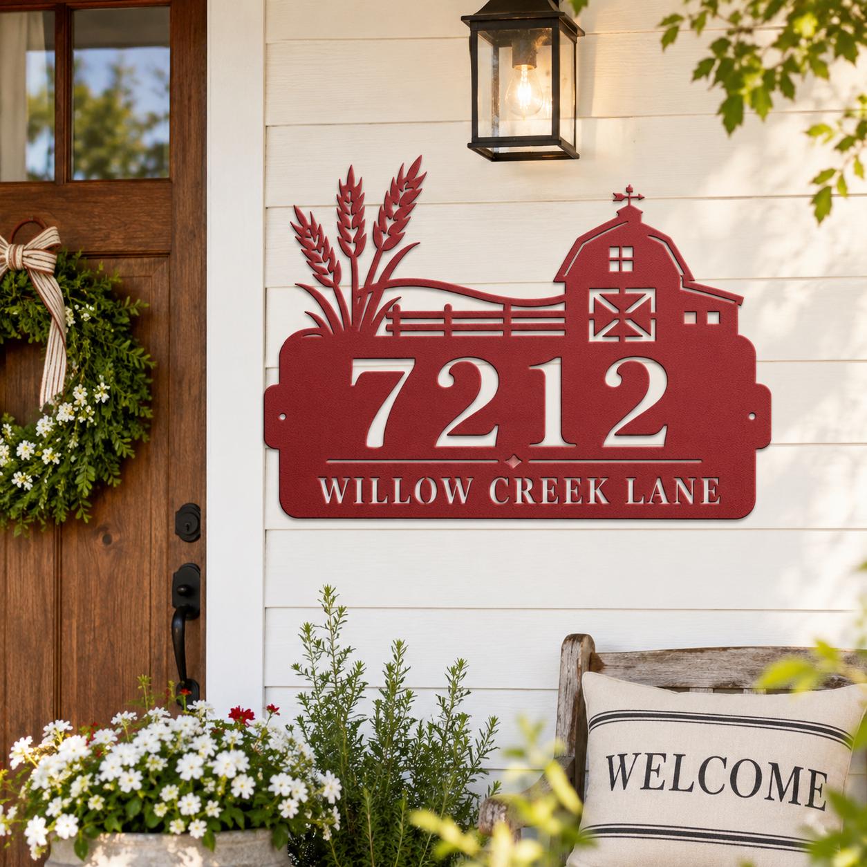 Personalized Farmhouse Address Sign, Rustic Barn House Number Plaque, Custom Wheat Street Name Display, Outdoor Steel Country Entry Decor