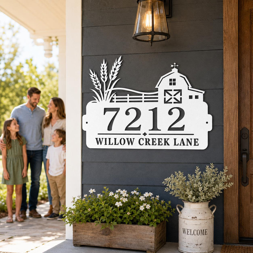 Personalized Farmhouse Address Sign, Rustic Barn House Number Plaque, Custom Wheat Street Name Display, Outdoor Steel Country Entry Decor