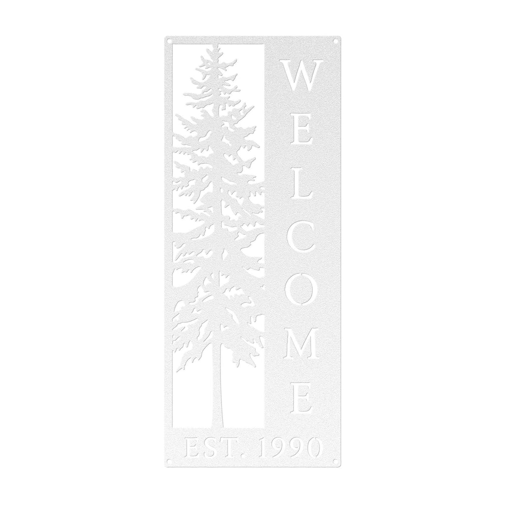 Pine Tree Welcome Sign, Vertical Metal Wall Art, Rustic Cabin Porch Plaque, Woodland Entryway Decor, Forest Lodge Housewarming Gift