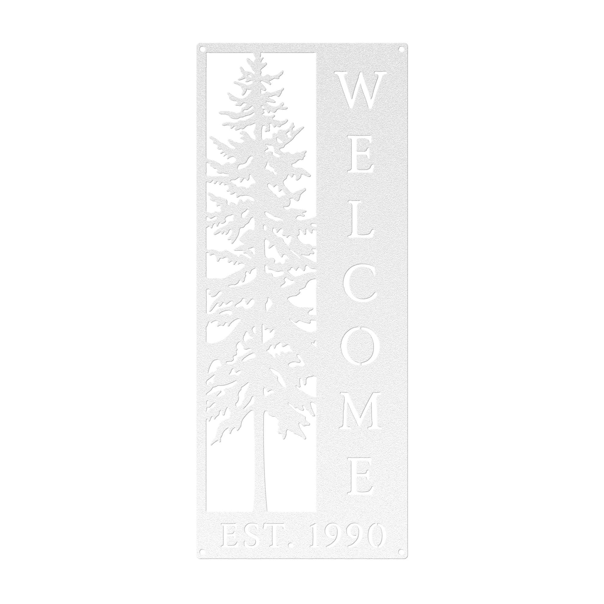 Pine Tree Welcome Sign, Vertical Metal Wall Art, Rustic Cabin Porch Plaque, Woodland Entryway Decor, Forest Lodge Housewarming Gift