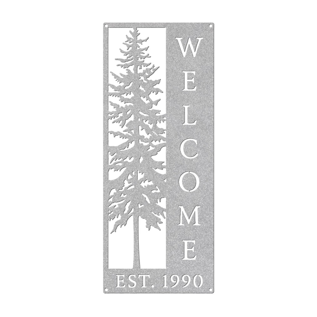 Pine Tree Welcome Sign, Vertical Metal Wall Art, Rustic Cabin Porch Plaque, Woodland Entryway Decor, Forest Lodge Housewarming Gift