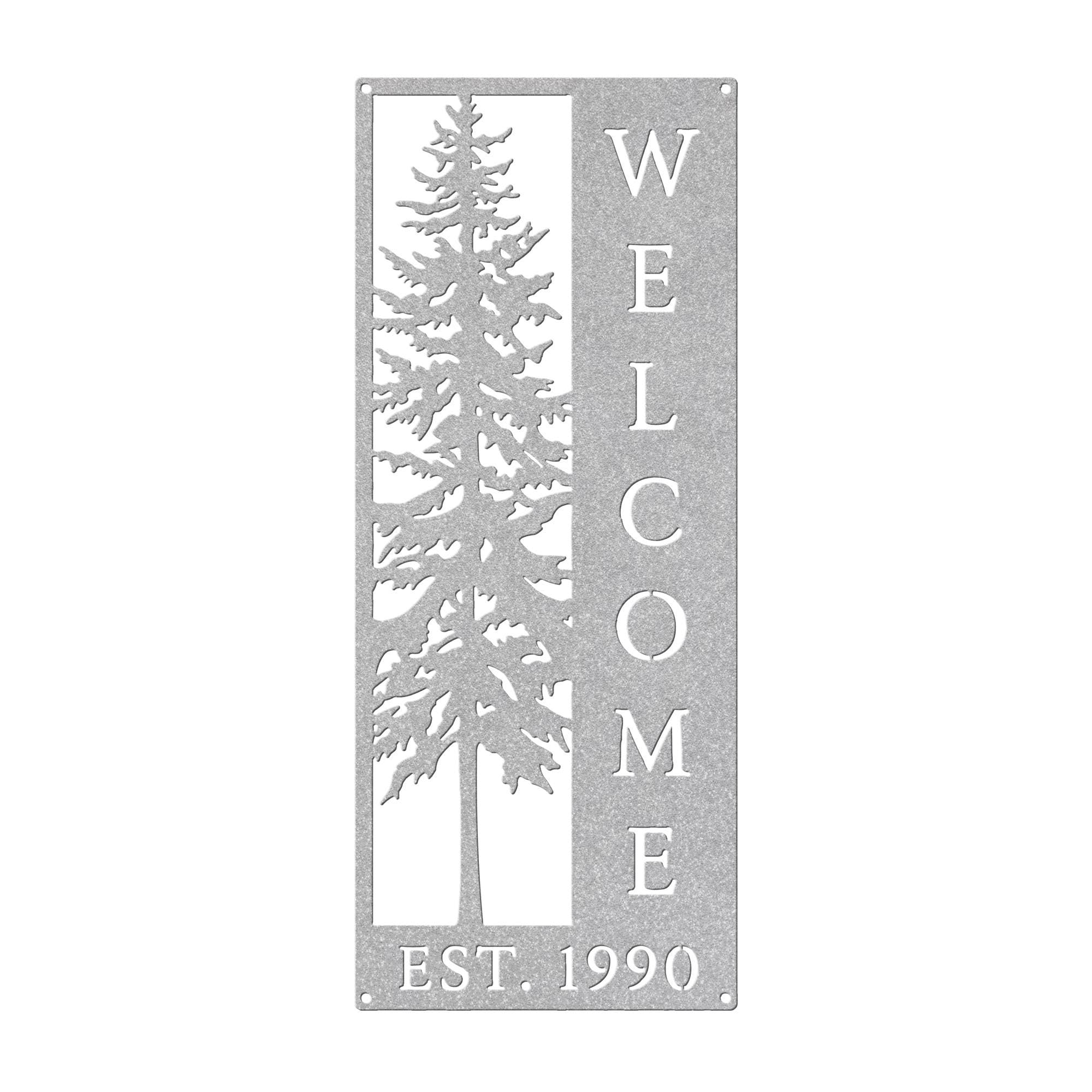 Pine Tree Welcome Sign, Vertical Metal Wall Art, Rustic Cabin Porch Plaque, Woodland Entryway Decor, Forest Lodge Housewarming Gift