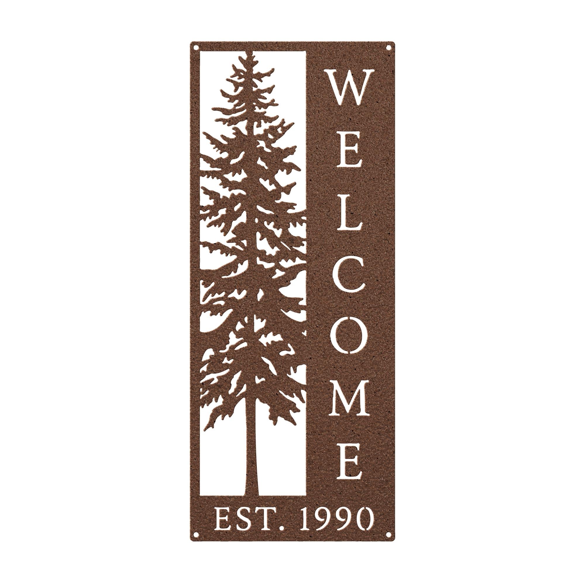 Pine Tree Welcome Sign, Vertical Metal Wall Art, Rustic Cabin Porch Plaque, Woodland Entryway Decor, Forest Lodge Housewarming Gift
