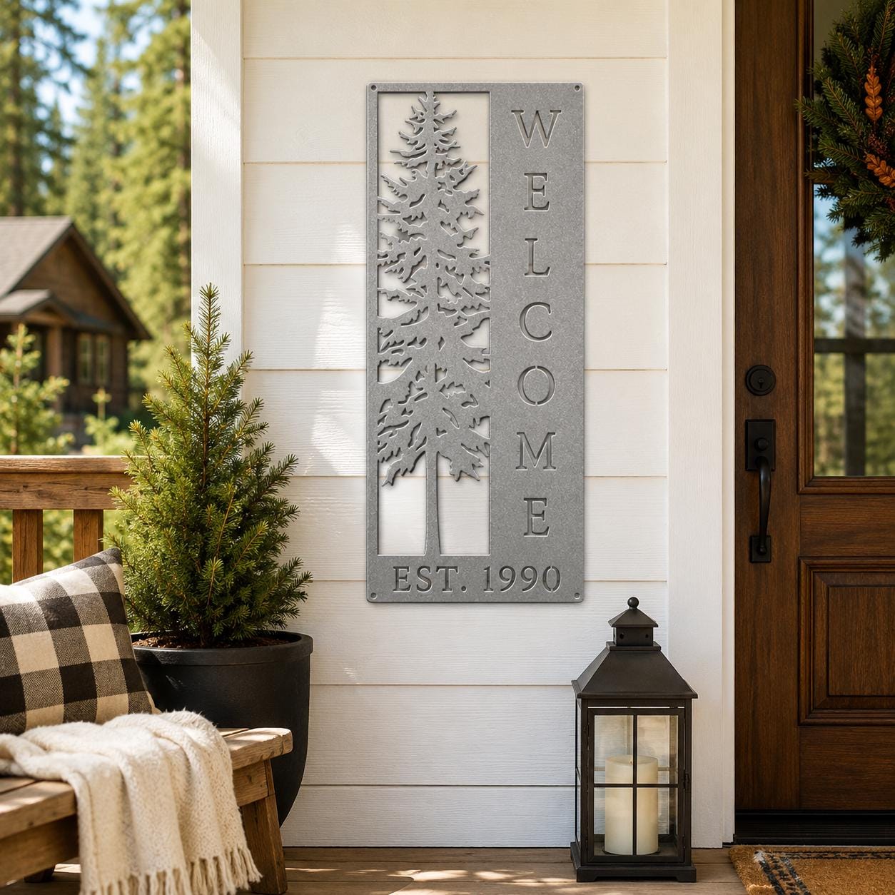 Pine Tree Welcome Sign, Vertical Metal Wall Art, Rustic Cabin Porch Plaque, Woodland Entryway Decor, Forest Lodge Housewarming Gift