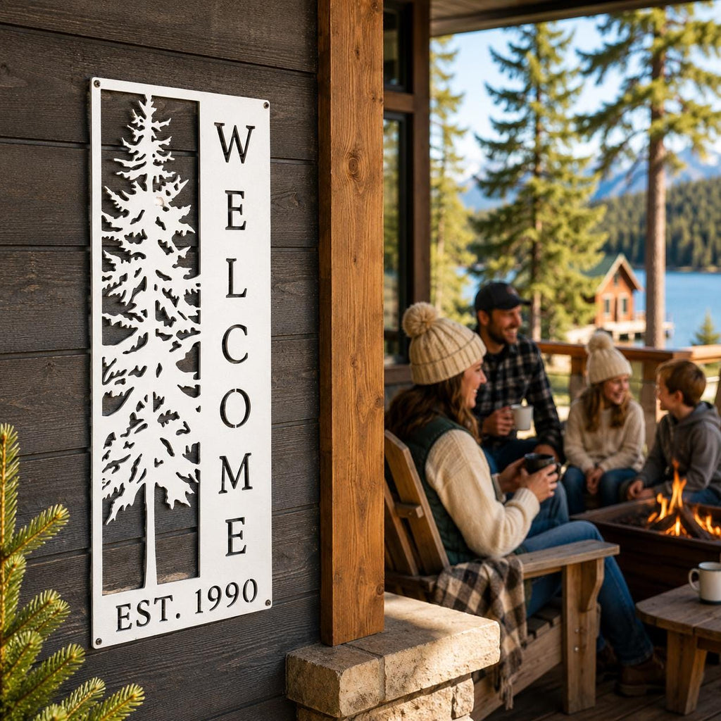 Pine Tree Welcome Sign, Vertical Metal Wall Art, Rustic Cabin Porch Plaque, Woodland Entryway Decor, Forest Lodge Housewarming Gift