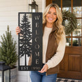 Pine Tree Welcome Sign, Vertical Metal Wall Art, Rustic Cabin Porch Plaque, Woodland Entryway Decor, Forest Lodge Housewarming Gift