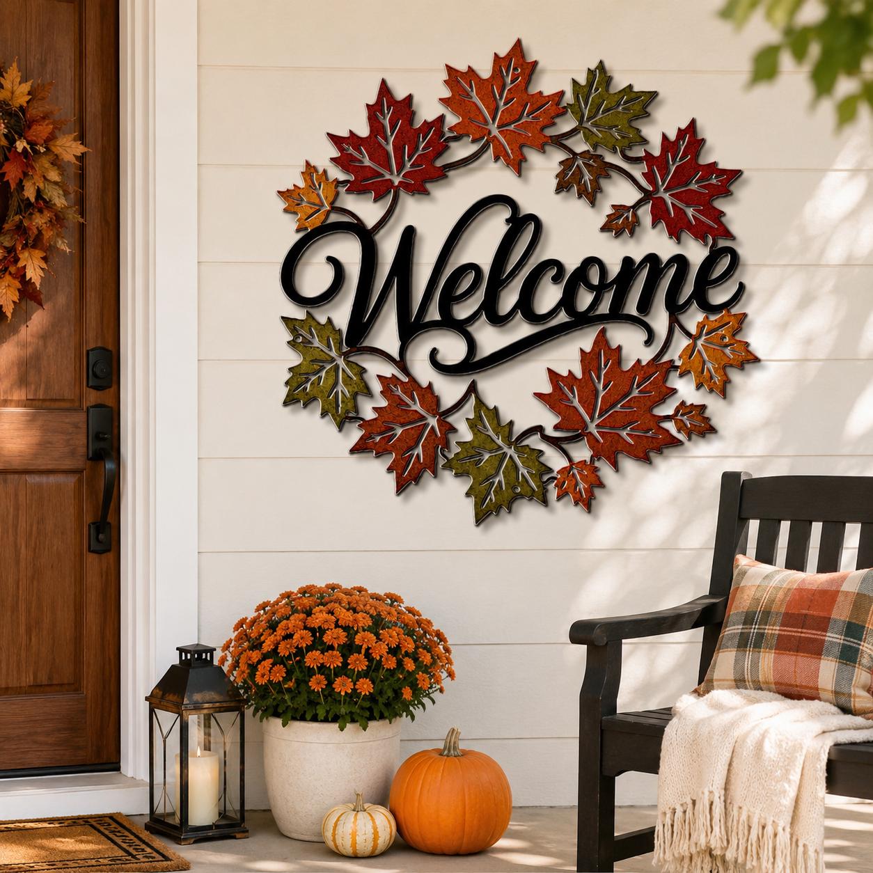 Fall Welcome Metal Sign, Autumn Maple Leaf Wall Decor, Seasonal Front Porch Accent, Rustic Entryway Art, Warm Harvest Housewarming Gift