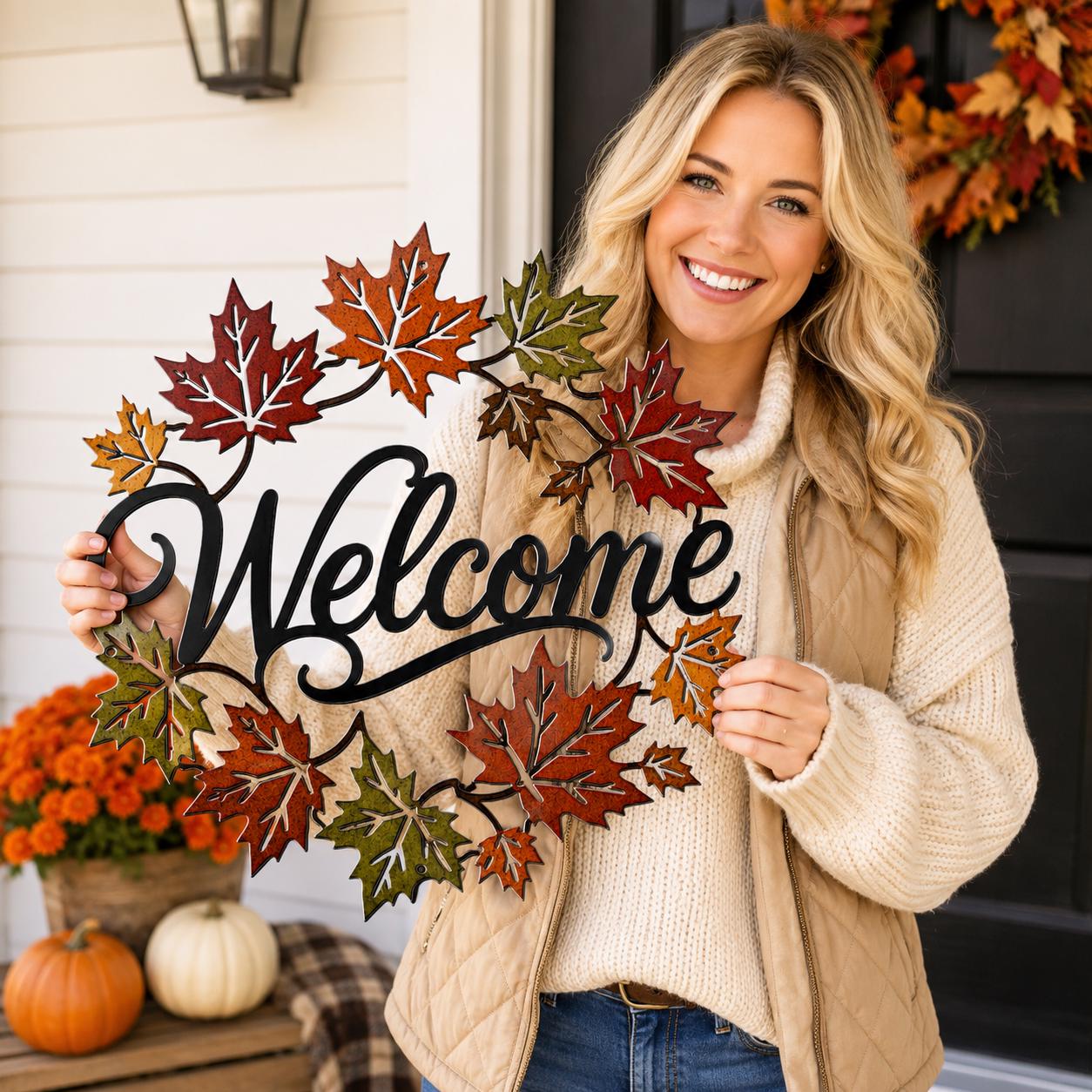 Fall Welcome Metal Sign, Autumn Maple Leaf Wall Decor, Seasonal Front Porch Accent, Rustic Entryway Art, Warm Harvest Housewarming Gift