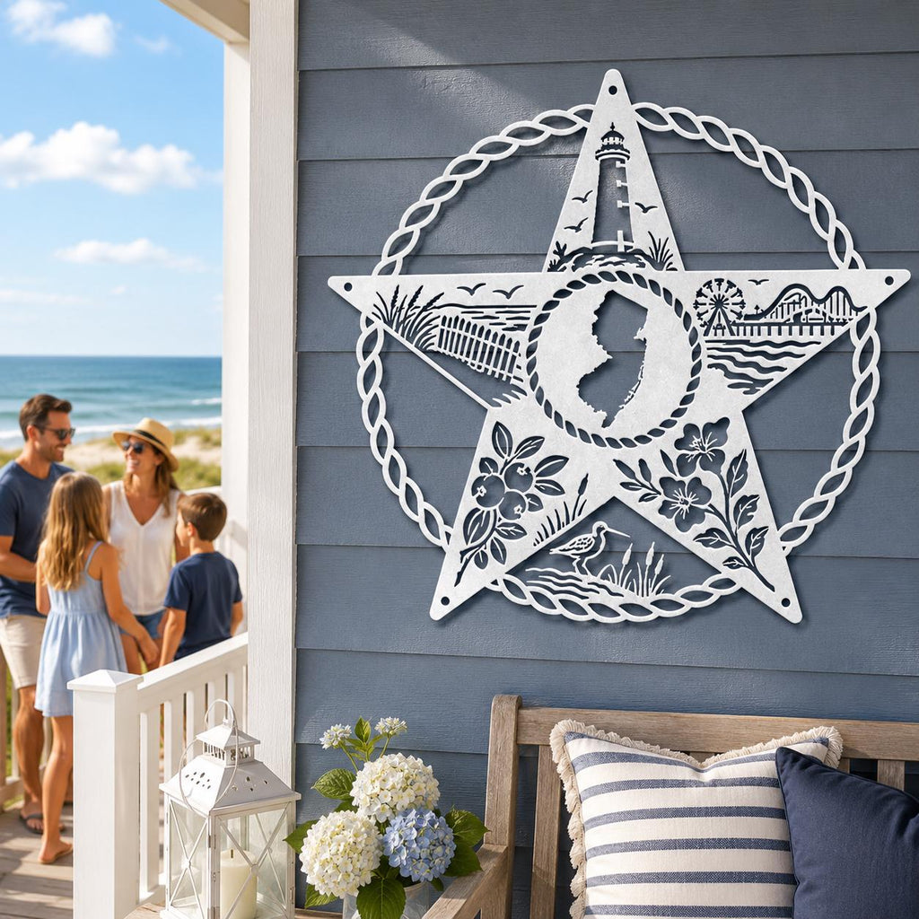 New Jersey Metal Sign, Coastal Star Wall Art, Garden State Beach House Decor, Lighthouse Boardwalk Steel Plaque, Nautical Shore Home Gift