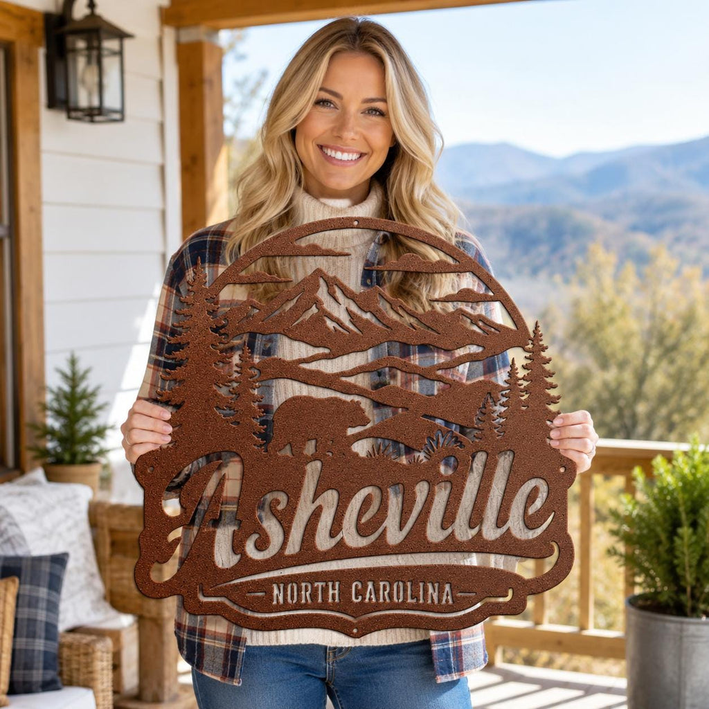 Asheville North Carolina Metal Sign, Blue Ridge Mountain Wall Decor, Black Bear Cabin Art, Rustic Appalachian Wildlife Housewarming Gift