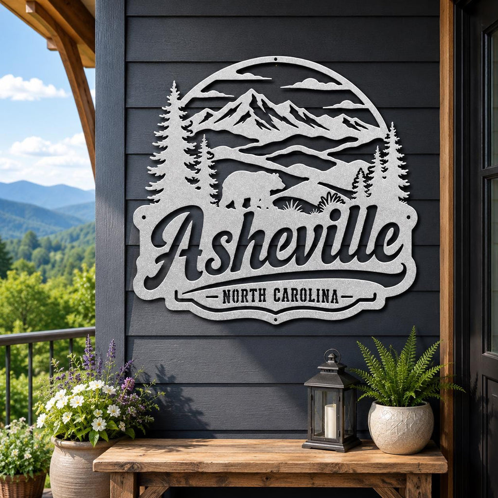 Asheville North Carolina Metal Sign, Blue Ridge Mountain Wall Decor, Black Bear Cabin Art, Rustic Appalachian Wildlife Housewarming Gift