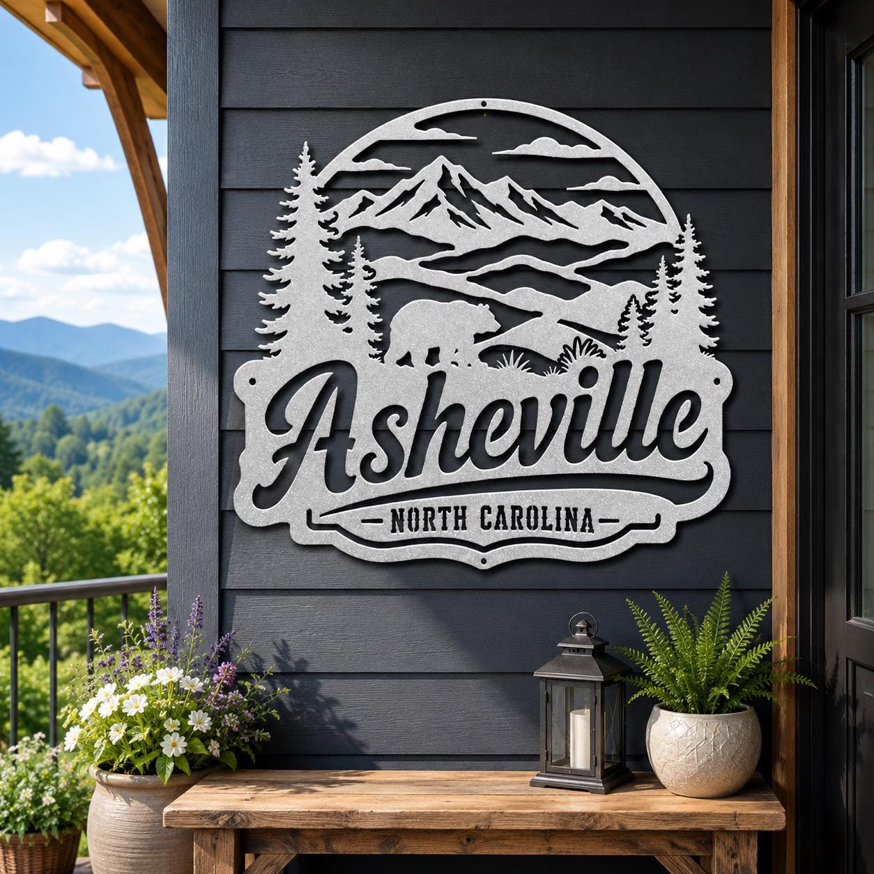 Asheville North Carolina Metal Sign, Blue Ridge Mountain Wall Decor, Black Bear Cabin Art, Rustic Appalachian Wildlife Housewarming Gift