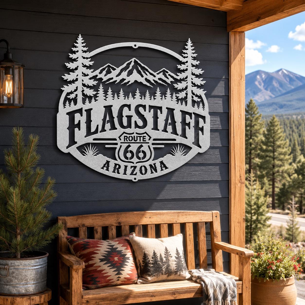 Flagstaff Arizona Metal Sign, Historic Route 66 Wall Decor, San Francisco Peaks Art, Rustic Mountain Cabin Gift, Ponderosa Pine Home Accent