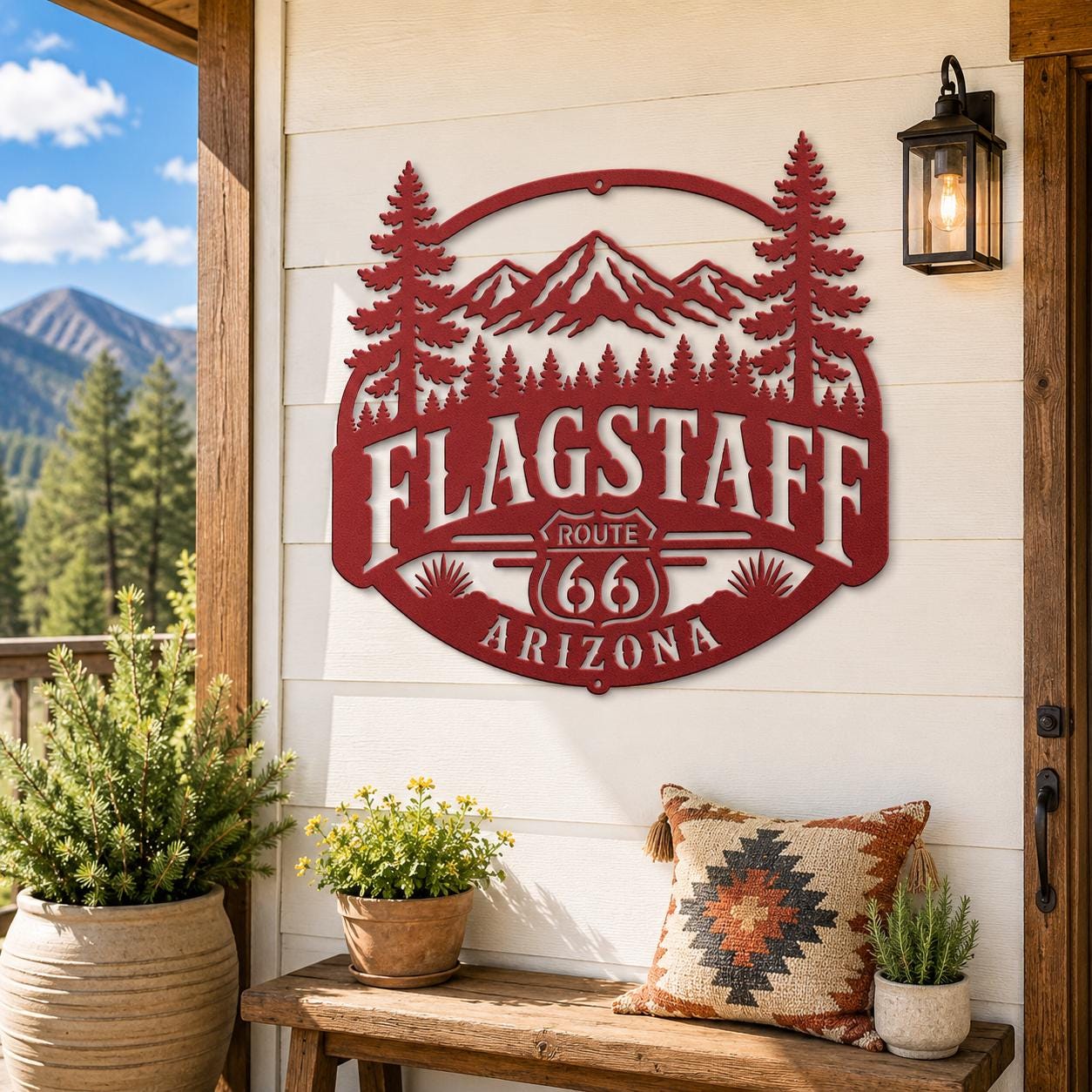 Flagstaff Arizona Metal Sign, Historic Route 66 Wall Decor, San Francisco Peaks Art, Rustic Mountain Cabin Gift, Ponderosa Pine Home Accent