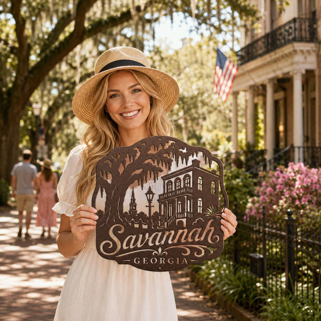 Savannah Georgia Metal Sign, Historic District Wall Decor, Spanish Moss Live Oak Art, Southern Architecture Gift, Lowcountry Home Accent