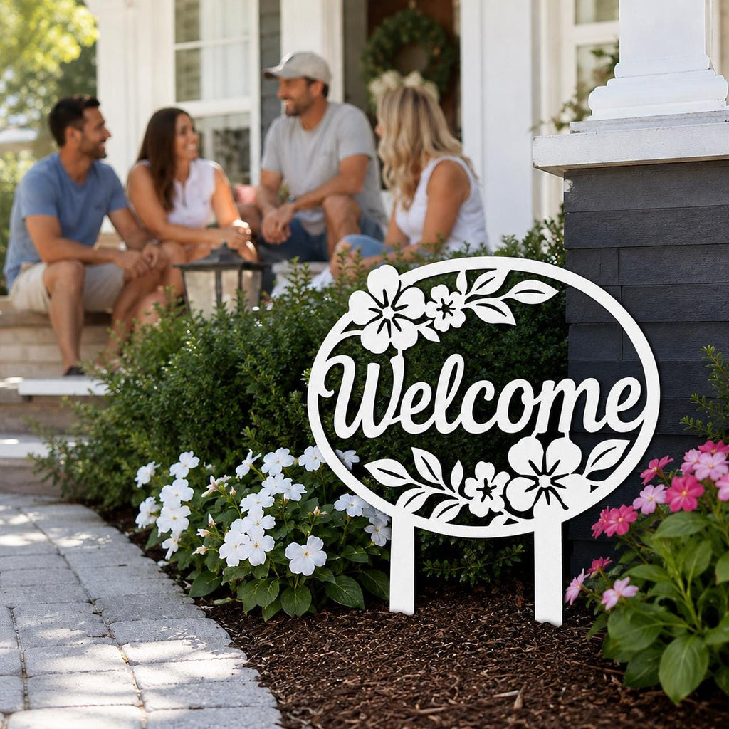 Floral Welcome Garden Stake, Metal Yard Sign, Outdoor Flower Bed Decor, Farmhouse Porch Accent, Entryway Lawn Ornament, Housewarming Gift