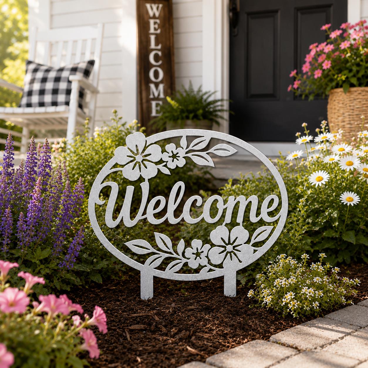 Floral Welcome Garden Stake, Metal Yard Sign, Outdoor Flower Bed Decor, Farmhouse Porch Accent, Entryway Lawn Ornament, Housewarming Gift