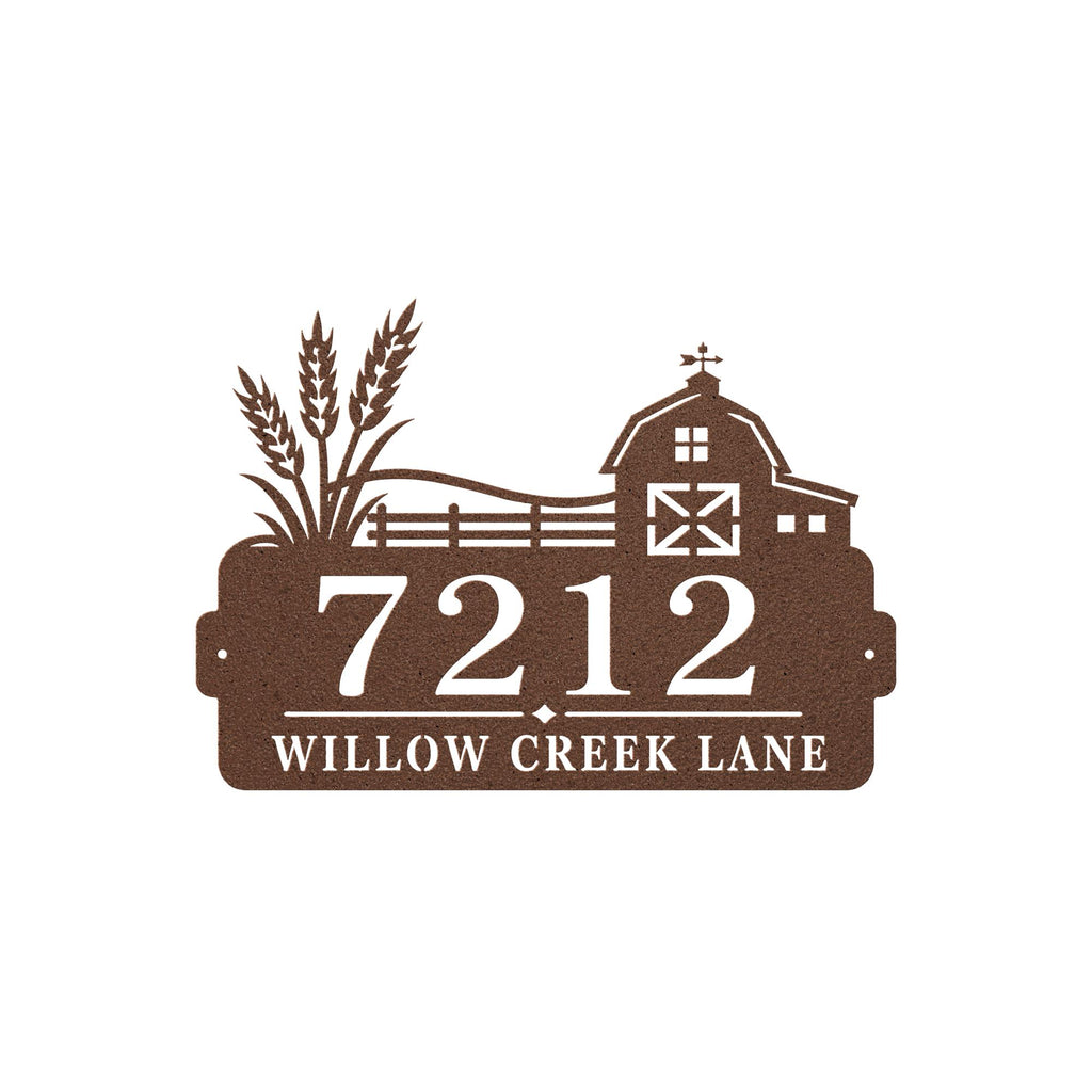Personalized Farmhouse Address Sign, Rustic Barn House Number Plaque, Custom Wheat Street Name Display, Outdoor Steel Country Entry Decor