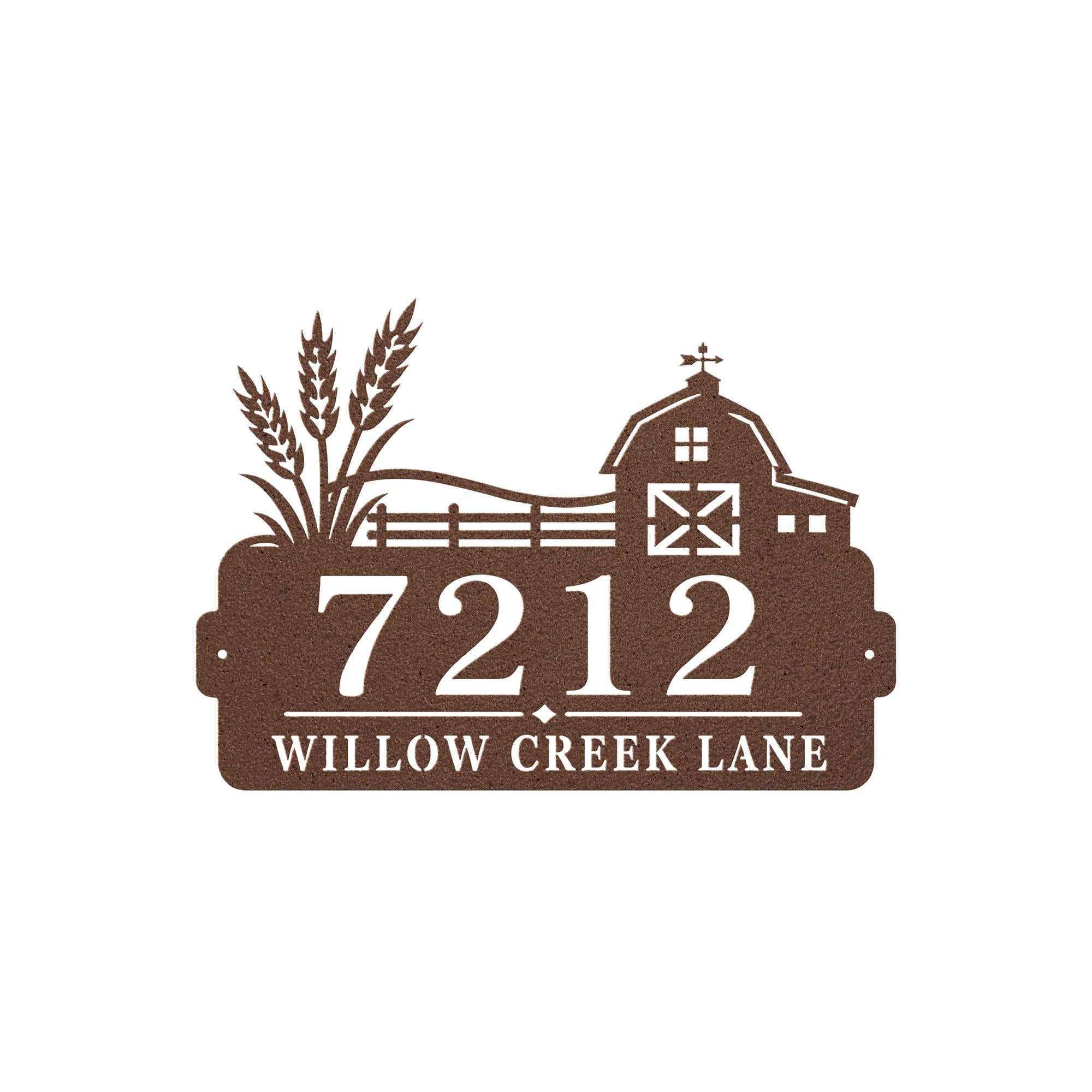 Personalized Farmhouse Address Sign, Rustic Barn House Number Plaque, Custom Wheat Street Name Display, Outdoor Steel Country Entry Decor