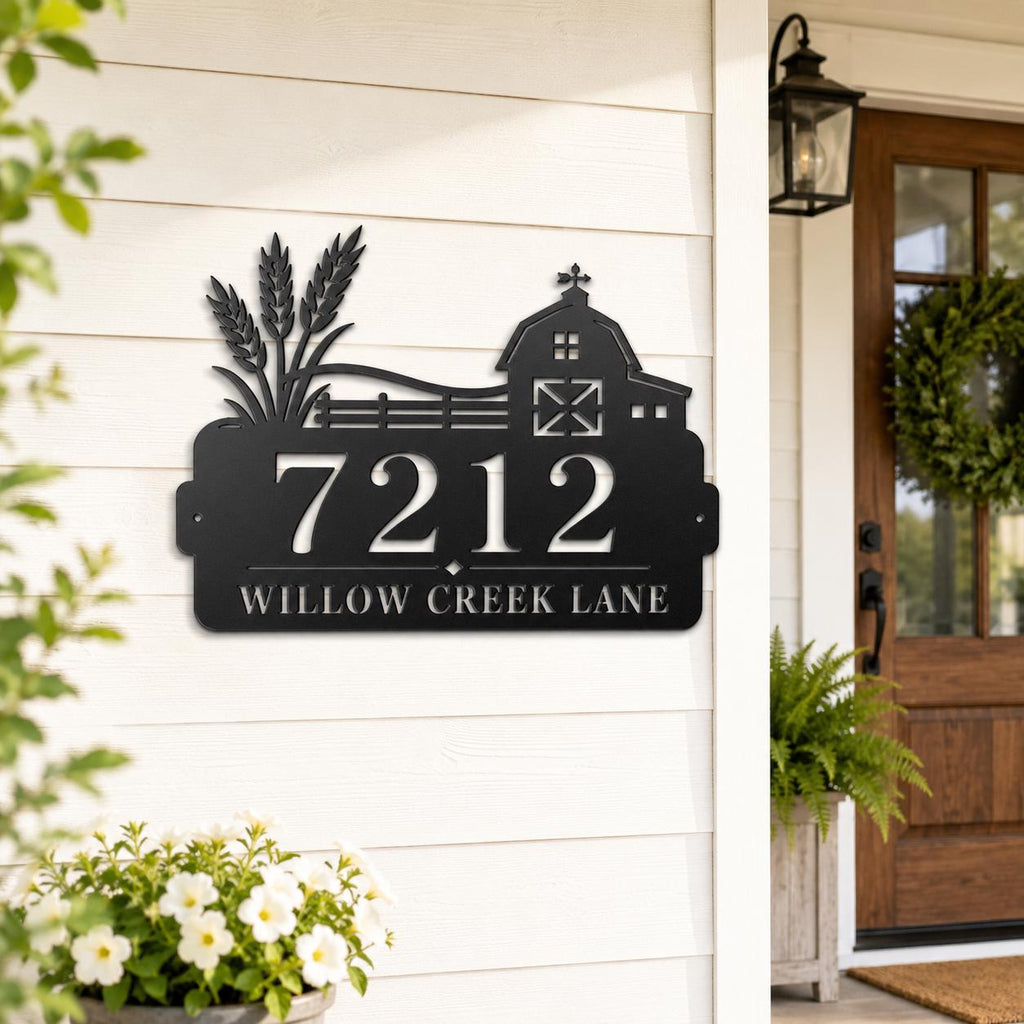 Personalized Farmhouse Address Sign, Rustic Barn House Number Plaque, Custom Wheat Street Name Display, Outdoor Steel Country Entry Decor