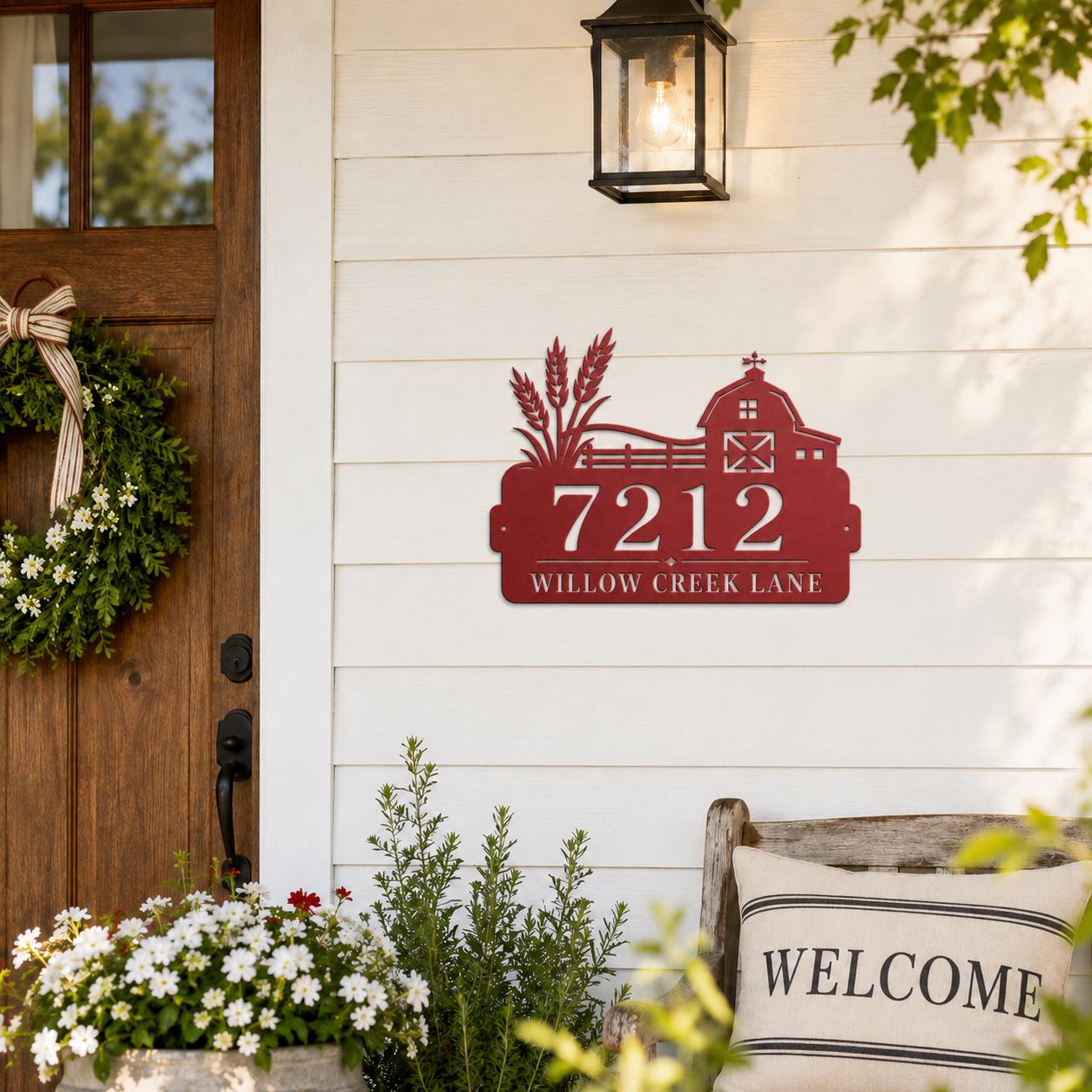 Personalized Farmhouse Address Sign, Rustic Barn House Number Plaque, Custom Wheat Street Name Display, Outdoor Steel Country Entry Decor